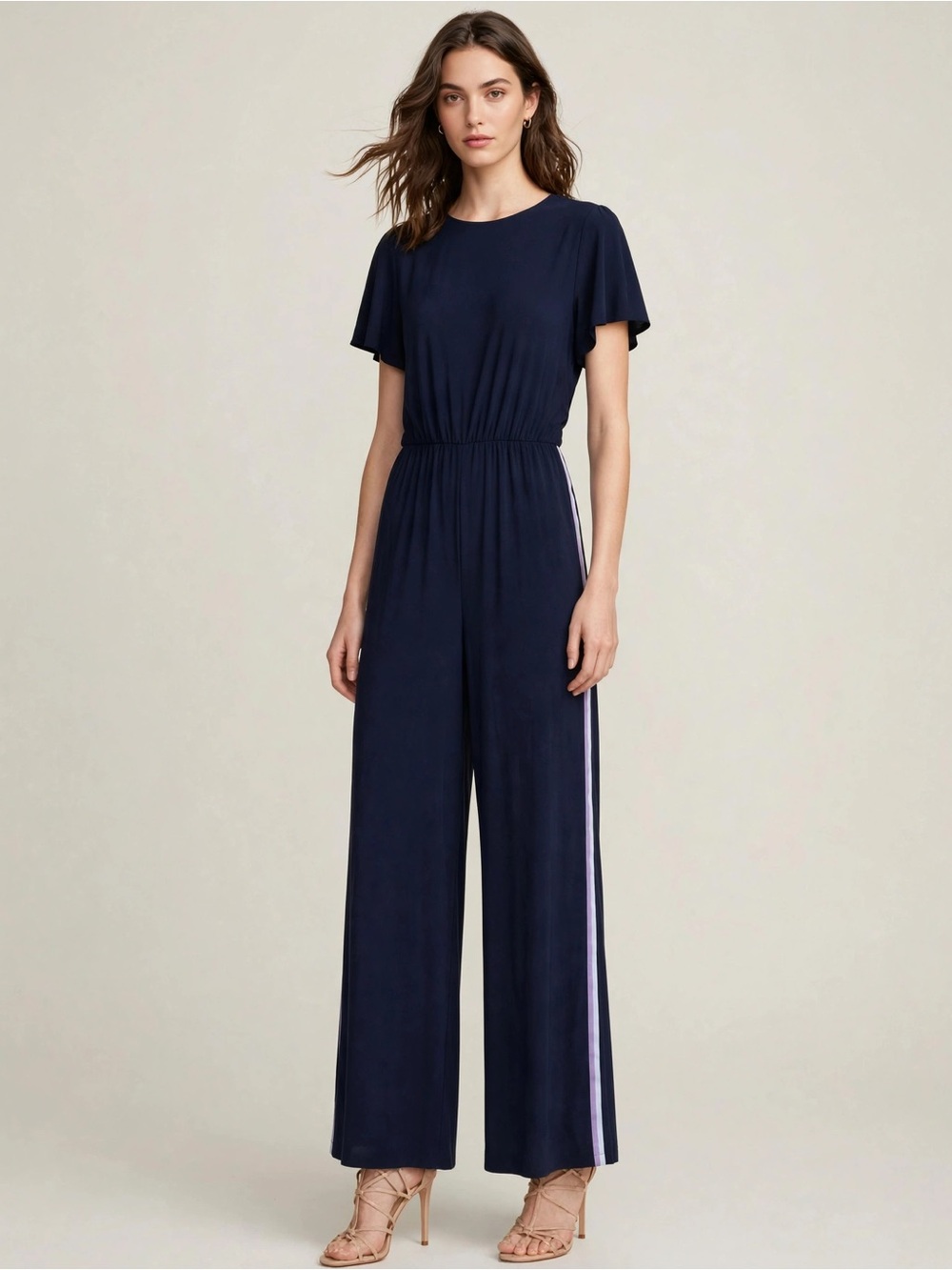 Roz & Ali Navy Palazzo Jumpsuit XL TALL Extra Long 43" Wide Leg Flutter Sleeve